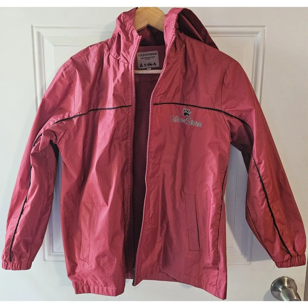 YellowStone Youth Hooded Rain Jacket Red Full Zip Lightweight Windbreaker Size S
